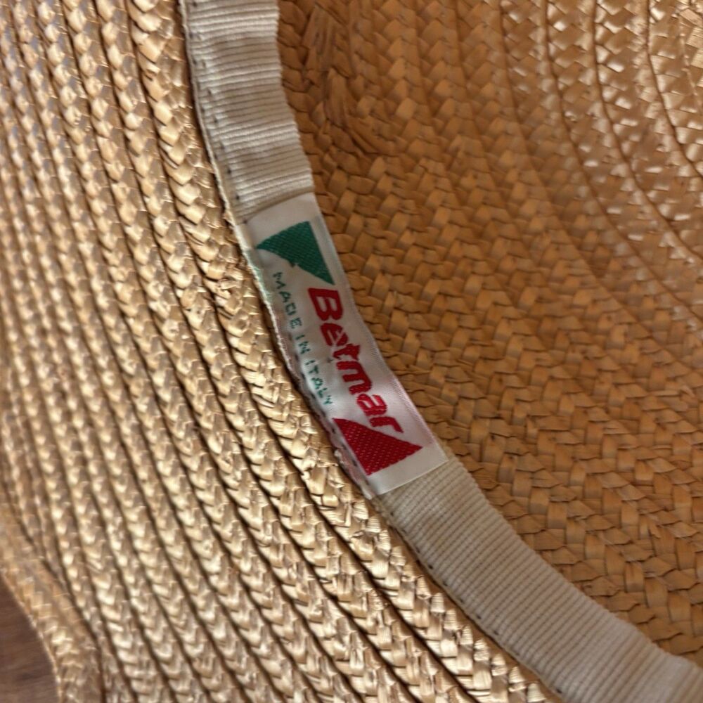 VTG Betmar Womens Beige Tan Straw Wide Sun Hat Scalloped Edge Made in Italy - Picture 4 of 9